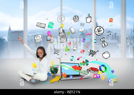 Digital composite of cheering girl using laptop with app icons Stock Photo