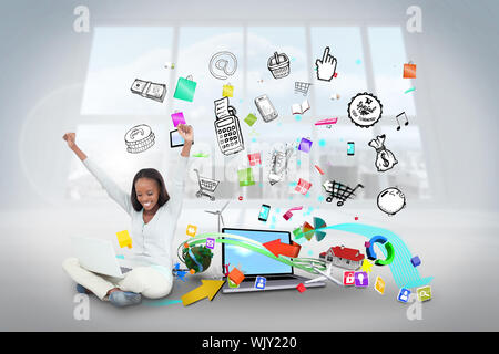 Digital composite of cheering girl using laptop with app icons Stock Photo