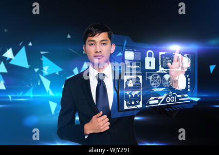 Digital composite of businessman touching security interface Stock Photo