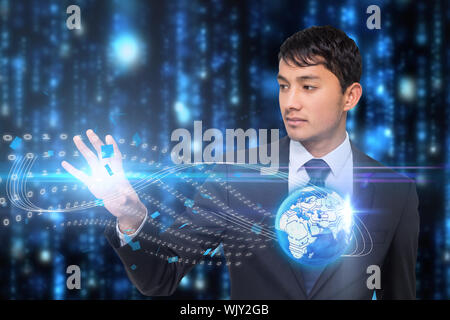 Digital composite of asian businessman touching binary code with earth Stock Photo