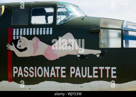 The B-25 bomber from the movie 'Catch-22,' known as Passionate Paulette, is on static display at the Grissom Air Museum in Bunker Hill, Indiana, USA. Stock Photo