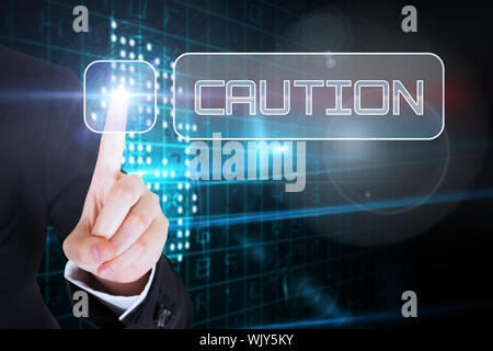 Businesswomans finger touching caution button against digital fingerprint Stock Photo