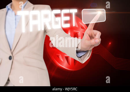 Businesswomans finger touching target button against shiny red globe on black background Stock Photo