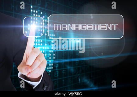 Businesswomans finger touching management button against digital fingerprint Stock Photo