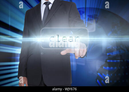 The word clear and businessman pointing against digital earth background
