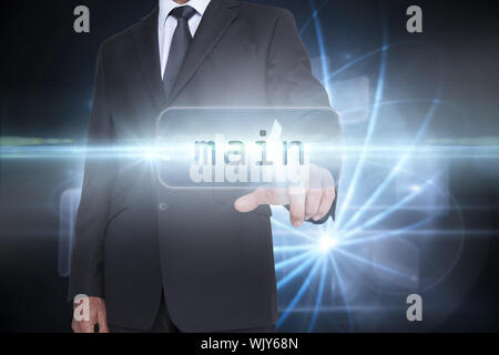 The word main and businessman pointing against shiny sphere on black background Stock Photo