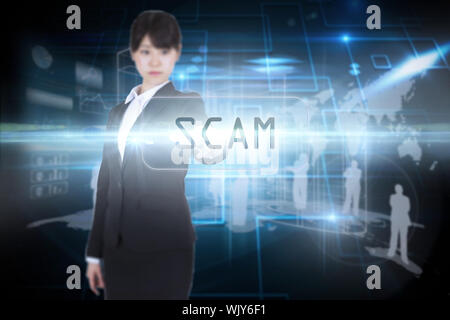 The word scam and focused businesswoman pointing against black background with shiny squares Stock Photo
