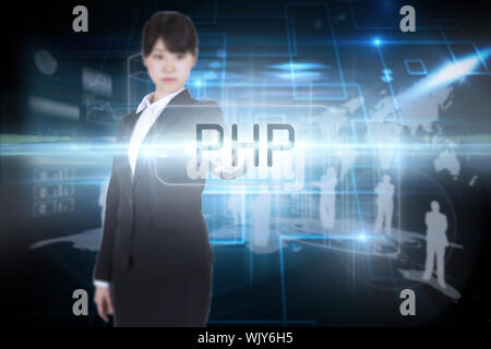 The word php and focused businesswoman pointing against black background with shiny squares Stock Photo
