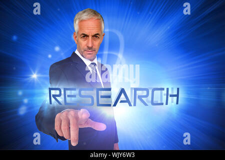 The word research and businessman pointing against shiny futuristic sphere Stock Photo