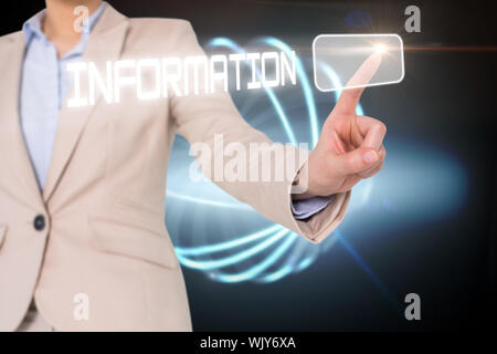 Businesswomans finger touching information button against black background with shiny sphere Stock Photo