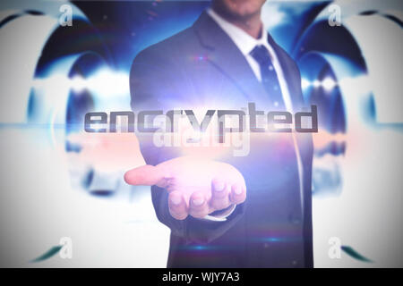 The word encrypted and businessman presenting against abstract cloud design in futuristic structure Stock Photo