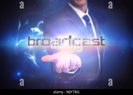 The word broadcast and businessman presenting against glowing technological background Stock Photo