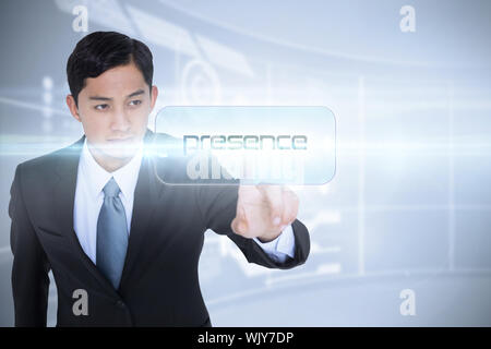 The word presence and unsmiling asian businessman pointing against futuristic technology interface Stock Photo