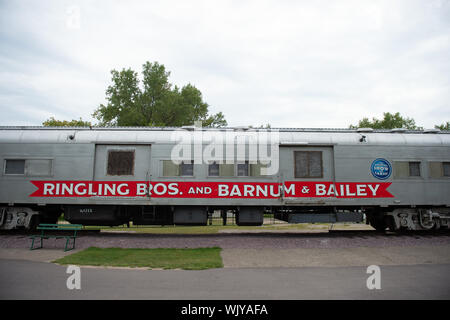 Baraboo, WI - 25 August 2019: A train car advertising Ringling brothers and barnum adn baily circus the greatest show in earth Stock Photo