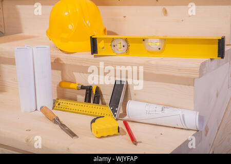 view on compositionf o working tools on wooden ladder Stock Photo