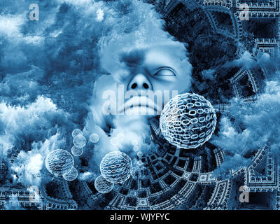 Beyond Human series. Composition of human, fractal and natural forms on the subject of inner reality, mental health, imagination, thinking and dreamin Stock Photo