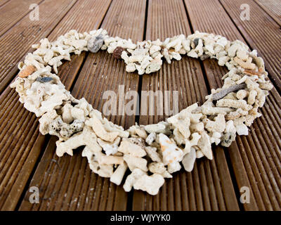 Heart shaped seashells on a wood planks Stock Photo