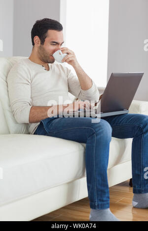 Relaxed attractive man drinking coffee while working on his laptop Stock Photo