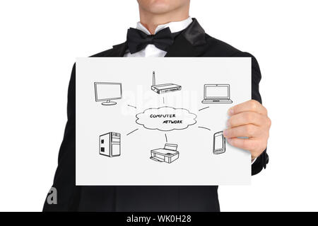 businessman holding poster with scheme computer network Stock Photo