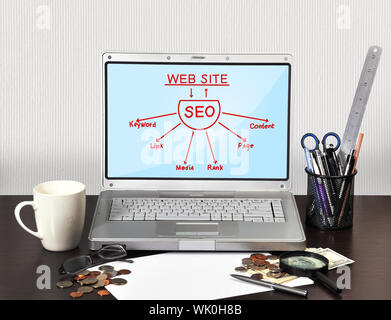 seo scheme on screen laptop in office, closeup Stock Photo