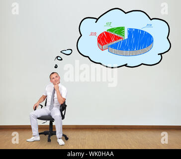 man sitting on chair and thinking about pie chart Stock Photo