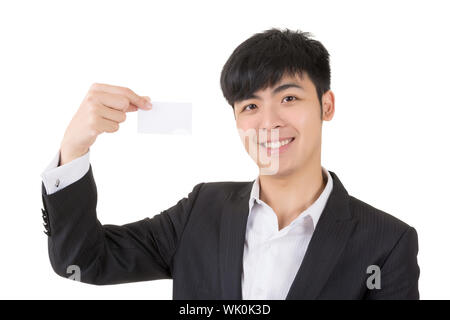 Asian businessman hold a blank business card, closeup portrait. Stock Photo