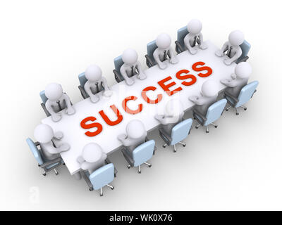 Businessmen sitting across a table with success word on it Stock Photo