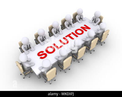 Businessmen sitting across a table with solution word on it Stock Photo