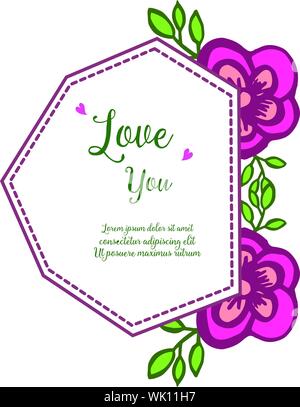 Text lettering love you, with beauty of green leafy flower frame. Vector Stock Vector