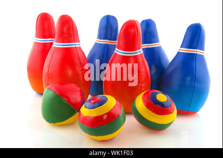 Bowling game with several pins and balls Stock Photo