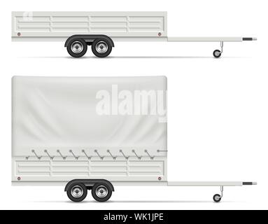 Small car trailer side view isolated on white background. All elements in the groups on separate layers for easy editing and recolor Stock Vector