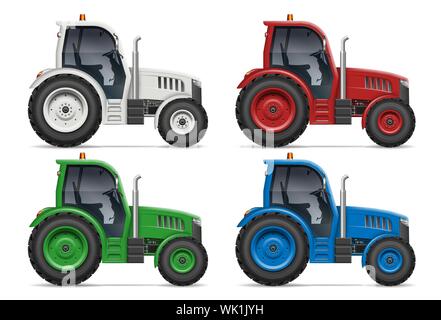 Agricultural tractor icons with side view isolated on white background. All elements in the groups on separate layers for easy editing and recolor Stock Vector