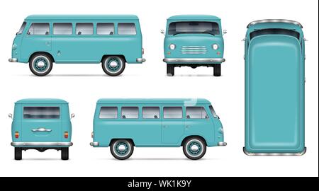 Retro minivan vector mockup on white background. Isolated passenger van view from side, front, back, top. Easy editing and recolor Stock Vector