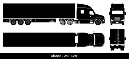 Semi trailer truck silhouette on white background. Vehicle icons set view from side, front, back, and top Stock Vector