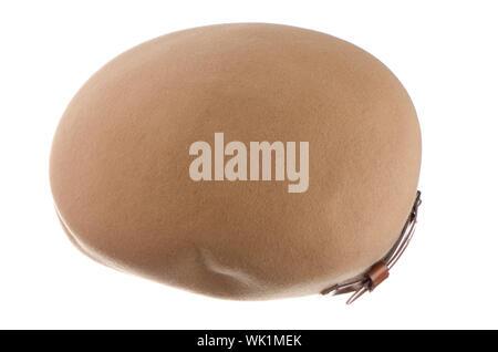 Brown retro style felt cap on white background. Stock Photo