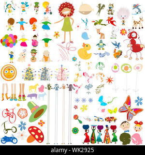 Decorative cartoon characters collection, design elements over white background Stock Photo