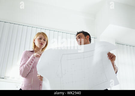 two architects examining blueprint indoors. Low angle view. Copy space Stock Photo