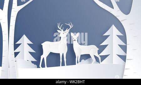 Love couple of deer in winter field with pine tree and branches in paper cut style. Creative vector illustration Christmas celebration. Backdrop, Post Stock Vector
