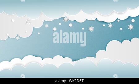 Clouds background with snowflakes in paper cut style. Vector illustration. Digital craft paper art design for backdrop, wallpaper, template, banner, p Stock Vector