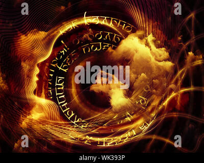 Internal Recurrence series. Arrangement of human profile and fractal forms on the subject of inner reality, poetry, magic, imagination, thinking and d Stock Photo