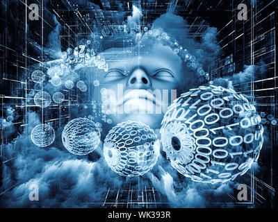 Beyond Human series. Composition of human, fractal and natural forms on the subject of inner reality, mental health, imagination, thinking and dreamin Stock Photo