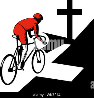 illustration of a Cyclist racing on bicycle with cross on road Stock Photo