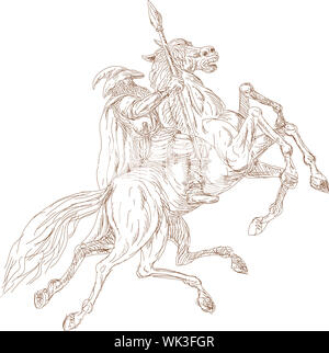 illustration of the Norse God Odin riding eight-legged horse, Sleipner in the wild hunt. Hand  sketched and drawn. Stock Photo