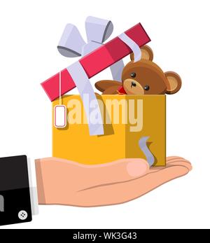 Teddy bear inside gift box. Bear plush toy. Teddybear icon. Christmas or new year gift. Children donation. Vector illustration in flat style Stock Vector
