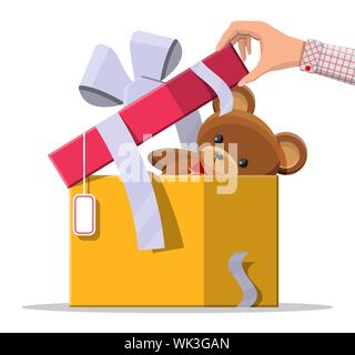 Teddy bear inside gift box. Bear plush toy. Teddybear icon. Christmas or new year gift. Children donation. Vector illustration in flat style Stock Vector