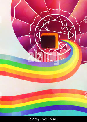Bottom view of hot air balloon with rainbow in the sky. Stock Photo