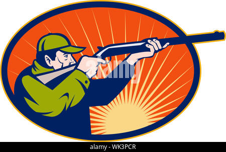 illustration of a Hunter aiming rifle shotgun side view set inside an ellipse Stock Photo