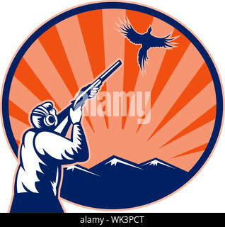 illustration of a Hunter aiming shotgun rifle at bird pheasant with mountains and sunburst in background Stock Photo