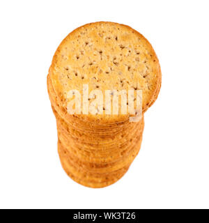 Stack of saltine crackers, top view. Shallow depth of field, isolation on white Stock Photo