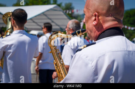 Mengen, Bolu / Turkey - August 03 2019: Marching band performing in Mengen International Culinary and Tourism Festival (34. Mengen Uluslararasi Ascili Stock Photo